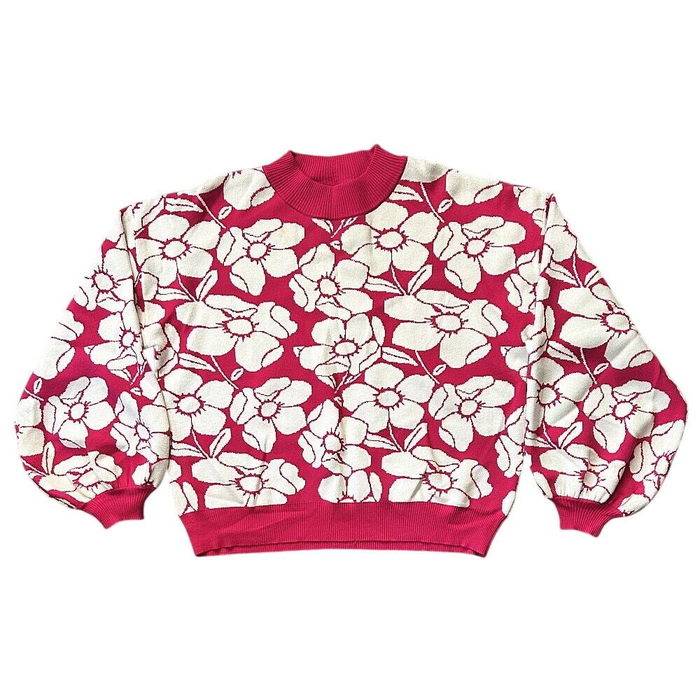 L Love Mock Neck Balloon Sleeve Pink & White Floral Print Sweater Medium